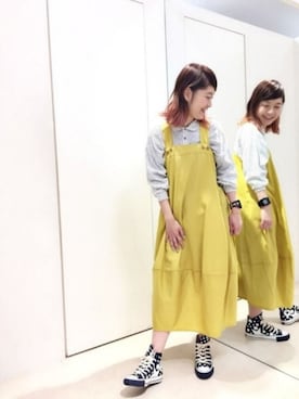 「FRAPBOIS」｜「アイテム（ジャンパースカート）」を使った、FUUさん（レディース・162cm）の春コーディネート