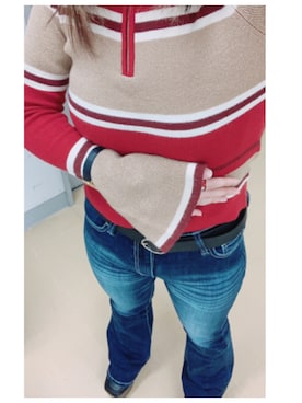 「MURUA（ムルーア）のラメボーダーハーフジップニット（ニット/セーター、レッド系）」を使った、루리(RURI)さん（レディース・148cm）の冬コーディネート