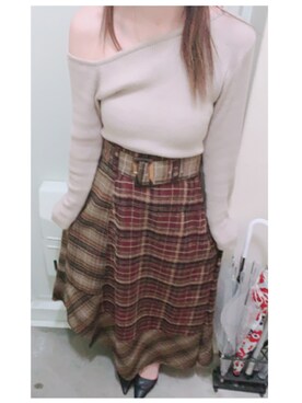「MURUA（ムルーア）のミックスチェックフレアスカート（スカート、レッド系）」を使った、루리(RURI)さん（レディース・148cm）の夏コーディネート