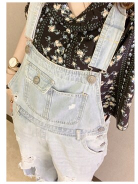 「apres jour（アプレジュール）のフリル襟花柄ブラウス【ZOZOTOWN限定アイテム】（シャツ/ブラウス、ブラック系）」を使った、루리(RURI)さん（レディース・148cm）の夏コーディネート