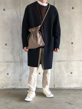 「巾着バッグ」｜「アイテム（ノーカラージャケット）」を使った、ソラさん（メンズ・174cm）の秋コーディネート