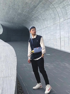 「Champion（チャンピオン）のアイテム（ベスト）」を使った、小明さん（メンズ・177cm）の春コーディネート