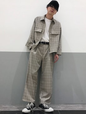 「WEGO（ウィゴー）のWEGO/【セットアップ対応商品】TRルーズショートブルゾン/シャツジャケット（ブルゾン、ベージュ系）」を使った、横山 哉斗さん（メンズ・179cm）の春コーディネート