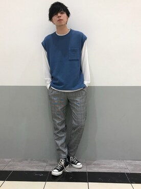 「WEGO（ウィゴー）のWEGO/【2点セット】ニットライクアンサンブルベスト（ベスト、ブルー系）」を使った、横山 哉斗さん（メンズ・179cm）の春コーディネート