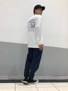 「WEGO（ウィゴー）のWEGO/レトログラフィックロンT（Tシャツ/カットソー、ホワイト系）」を使った、横山 哉斗さん（メンズ・179cm）の春コーディネート