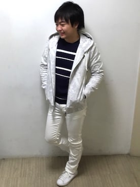 「アイテム（パーカー、ホワイト系）」を使った、mattsunさん（メンズ・168cm）の冬コーディネート