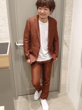 「アイテム（テーラードジャケット、レッド系）」を使った、mattsunさん（メンズ・171cm）の夏コーディネート