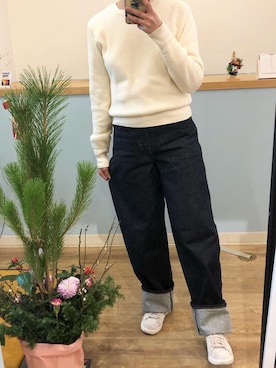 「UNIQLO（ユニクロ）のハイライズワイドストレートジーンズ（デニムパンツ）」を使った、marisukeさん（レディース・154cm）の冬コーディネート