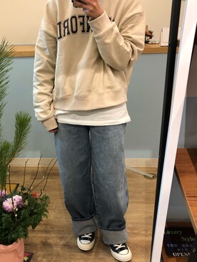 「UNIQLO（ユニクロ）のハイライズワイドストレートジーンズ（デニムパンツ）」を使った、marisukeさん（レディース・154cm）の冬コーディネート