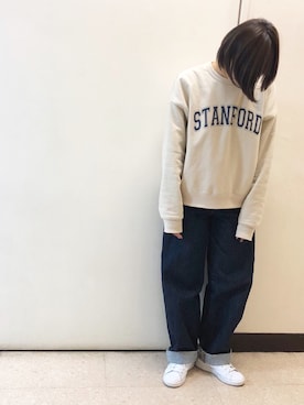 「UNIQLO（ユニクロ）のハイライズワイドストレートジーンズ（デニムパンツ）」を使った、marisukeさん（レディース・154cm）の冬コーディネート