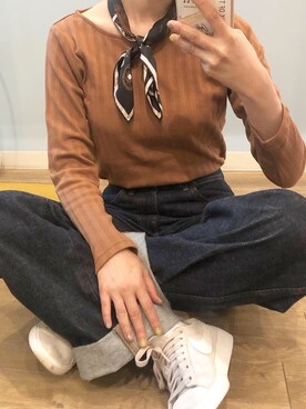 「UNIQLO（ユニクロ）のハイライズワイドストレートジーンズ（デニムパンツ）」を使った、marisukeさん（レディース・154cm）の春コーディネート