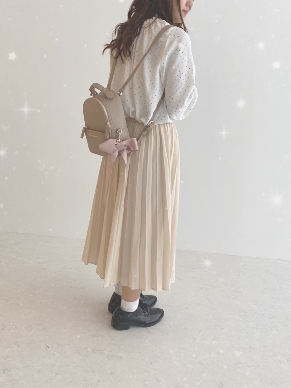 「大人カジュアル、春コーデ、きれいめカジュアル、ガーリー」｜「Maison de FLEURのリボンSリュック＊（バックパック/リュック、ピンク系）」を使った、yukinaさん（レディース・145cm）の春コーディネートの1枚目の写真