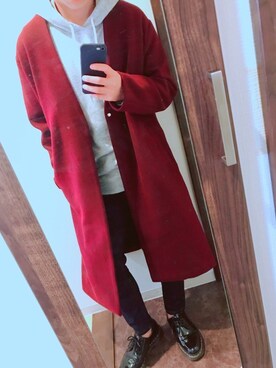 「EMMA CLOTHES（エマクローズ）のオーバーサイズビーバーメルトンVネックロングコート（ノーカラーコート）」を使った、しろさん（メンズ・163cm）の秋コーディネート