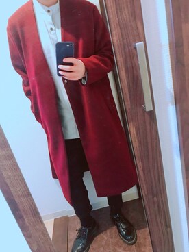 「EMMA CLOTHES（エマクローズ）のオーバーサイズビーバーメルトンVネックロングコート（ノーカラーコート）」を使った、しろさん（メンズ・163cm）の秋コーディネート