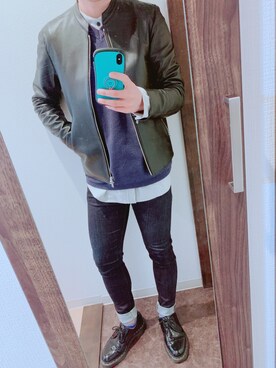 「ニットベスト」｜「アイテム（ライダースジャケット）」を使った、しろさん（メンズ・163cm）の春コーディネート