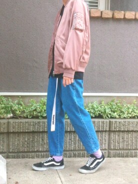 「テーパードデニム」｜「アイテム（MA-1）」を使った、ハランさん（メンズ・170cm）の春コーディネート