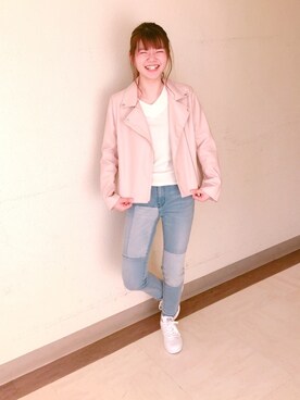 Gu ジーユー のライダースジャケット ピンク系 を使ったレディース人気ファッションコーディネート 年齢 歳 24歳 Wear