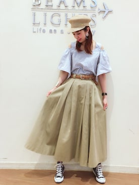 「オープンショルダー」｜「アイテム（ハンチング/ベレー帽）」を使った、TOMA22さん（レディース・164cm）の夏コーディネート