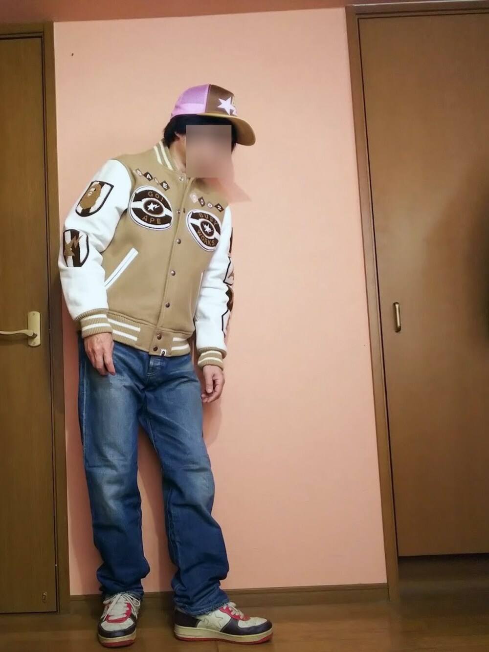 「スタジャン、Bape」｜「A BATHING APEのアイテム（キャップ、その他）」を使った、msg1961さん（メンズ・170cm）の冬コーディネートの1枚目の写真