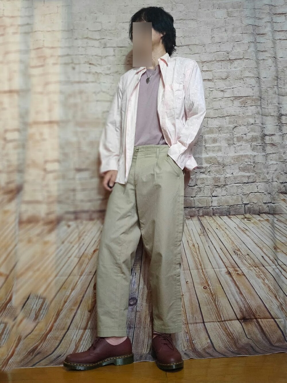 「COMME des GARCONS、kolor、Dr.Martens、ユニクロ、アースカラー、相互フォロー」｜「COMME des GARCONS SHIRTのアイテム（シャツ/ブラウス、ピンク系）」を使った、msg1961さん（メンズ・170cm）の春コーディネートの1枚目の写真