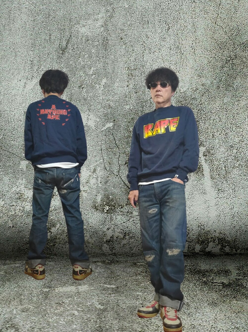 「スウェット、オレンジ、ダメージデニムパンツ、Bape、90年代、ゆるコーデ、裏原、腰パン、ラインストーン、相互フォロー」｜「A BATHING APEのラインストーンのKISSロゴ（スウェット、ブルー系）」を使った、msg1961さん（メンズ・170cm）の秋コーディネートの1枚目の写真