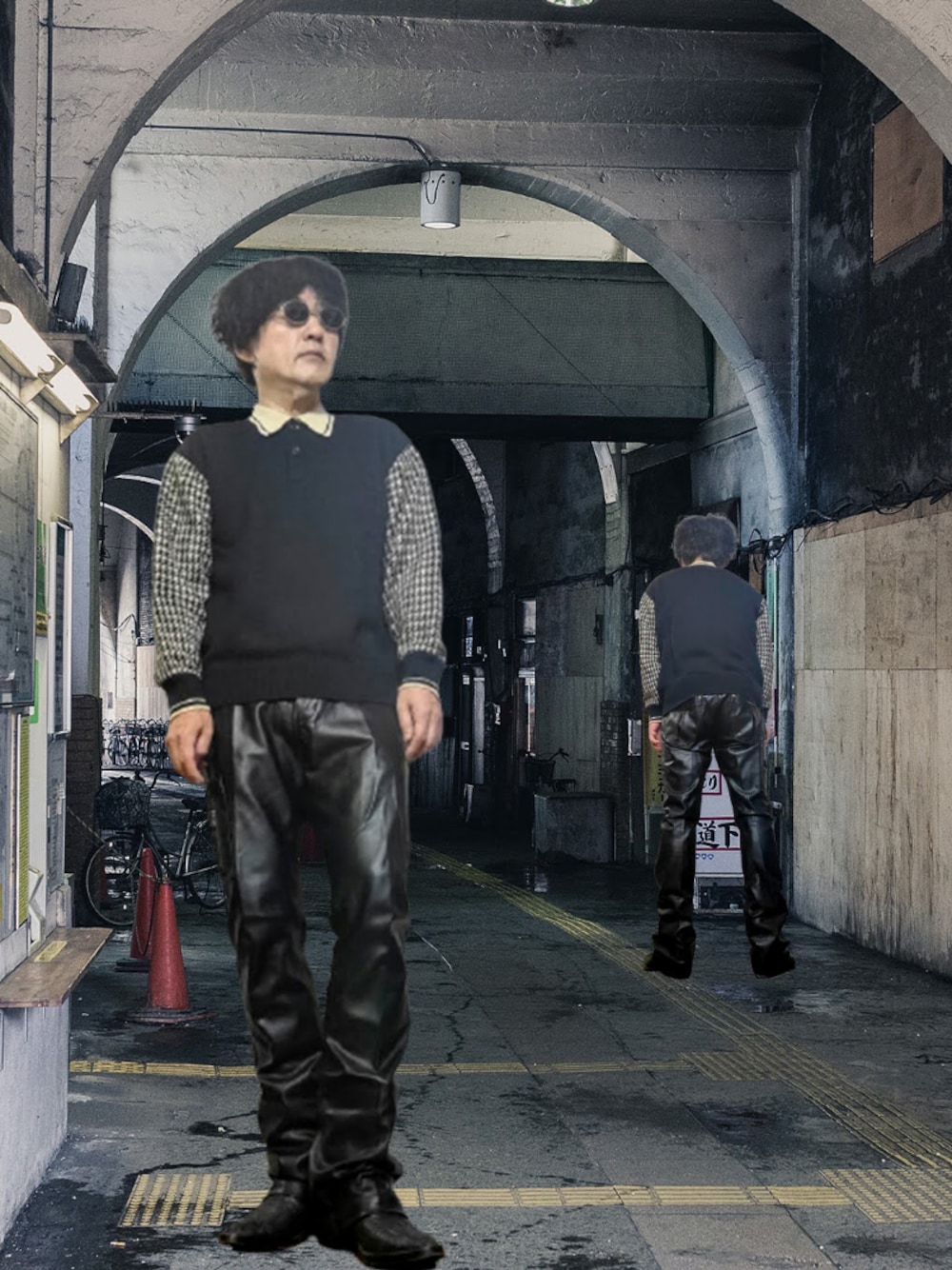 「レザーパンツ、年末WEAR感謝祭、ブーツ、ウエスタンブーツ、ニットポロ、ブラック、ブラックコーデ、モノトーン、秋冬コーデ、相互フォロー」｜「EDWINのアイテム（カーゴパンツ、ブラウン系）」を使った、msg1961さん（メンズ・170cm）の冬コーディネートの1枚目の写真