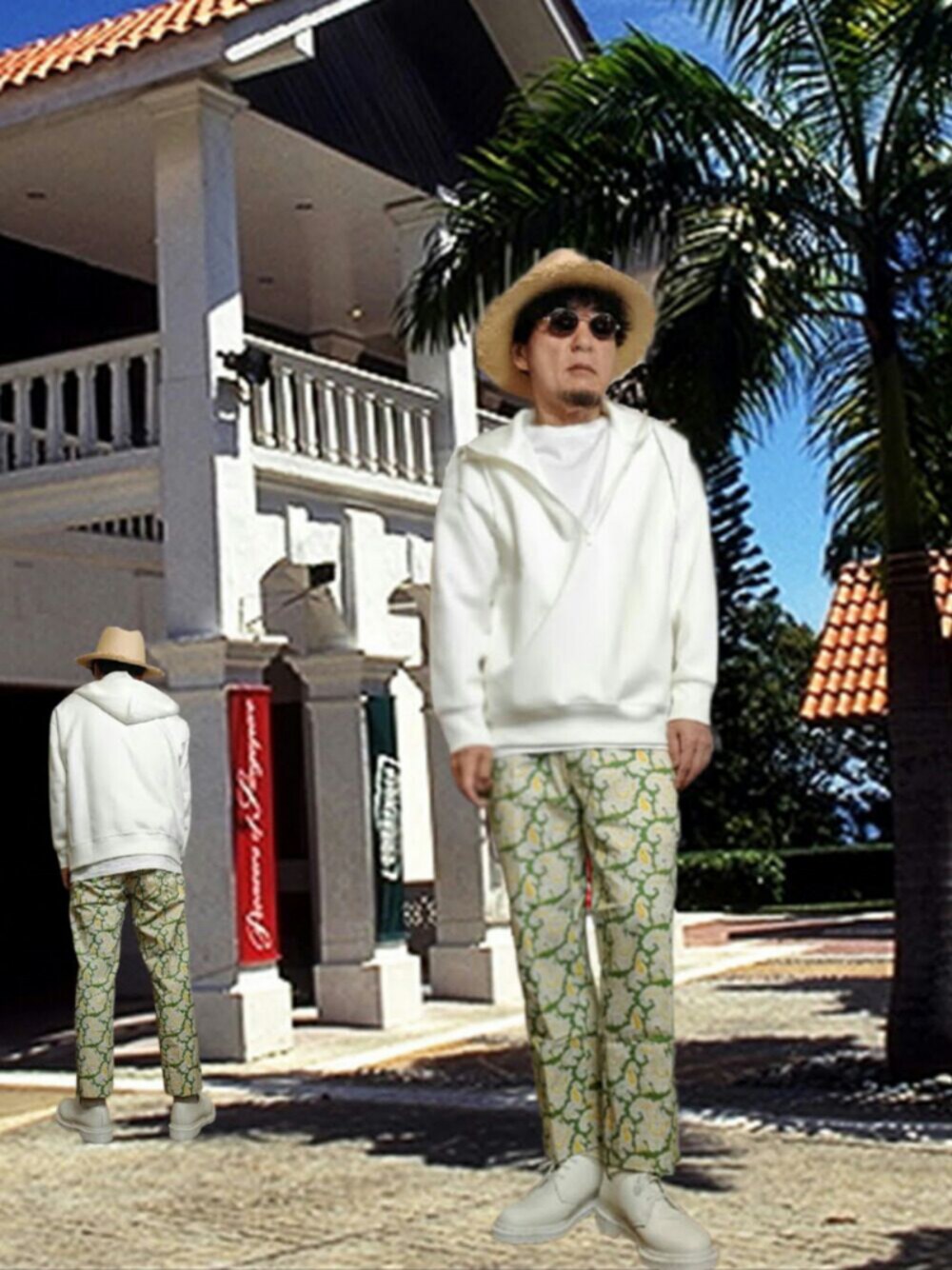 「白パーカー、パーカー、ストローハット、麦わら帽子、柄パンツ、白シューズ、白Tシャツ、トムフォード、ユニクロ、ハーフジップ」｜「SAN FRANCISCO HATのアイテム（ハット、ベージュ系）」を使った、msg1961さん（メンズ・170cm）の春コーディネートの1枚目の写真