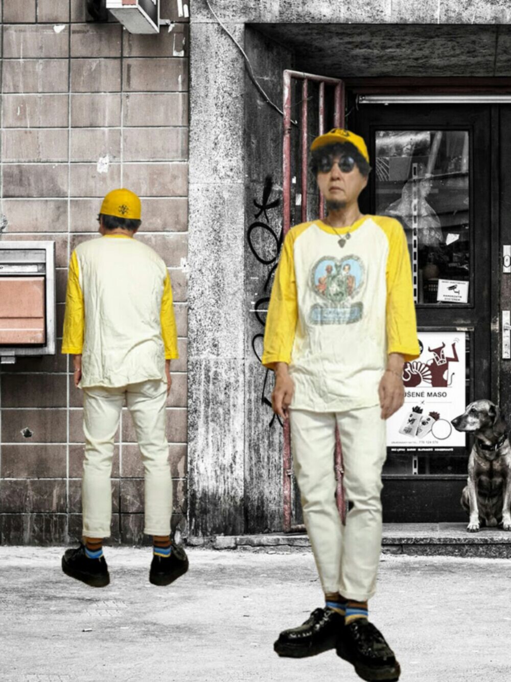 「メガネ男子、ロンT、スキニーデニム、白スキニー、白パンツ、キャップ、厚底シューズ、ボーダーソックス、黄色、プリントT」｜「Undercoverismのアイテム（Tシャツ/カットソー、イエロー系）」を使った、msg1961さん（メンズ・170cm）の春コーディネートの1枚目の写真