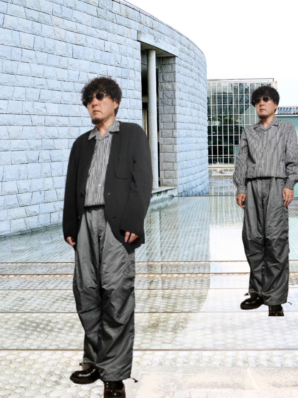 「タックイン、ノーカラージャケット、オープンカラーシャツ、リネン、ナイロンパンツ、カーゴパンツ、エナメルシューズ、+J、きれいめカジュアル、相互フォロー」｜「ISSEY MIYAKEのアイテム（ノーカラージャケット、ブラック系）」を使った、msg1961さん（メンズ・170cm）の春コーディネートの1枚目の写真