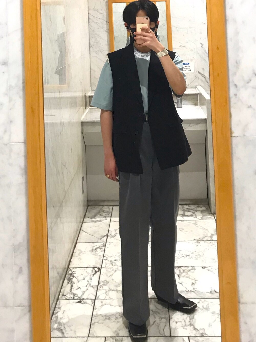 「モード、リメイク、ベスト、ワイドパンツ、The Brecker Brothers、Jazz Fusion」｜「thのth x Dickies PANTS（その他パンツ、グレー系）」を使った、Rさん（メンズ・244cm）の夏コーディネートの1枚目の写真
