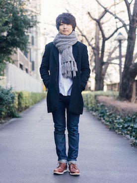 「A.P.C.」｜「アイテム（チェスターコート）」を使った、堀口英剛@monographさん（メンズ・168cm）の冬コーディネート