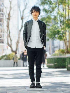 「MAISON KITSUNE」｜「アイテム（ライダースジャケット）」を使った、堀口英剛@monographさん（メンズ・168cm）の冬コーディネート