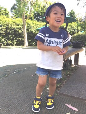 「AAPE BY A BATHING APE（エーエイプバイアベイシングエイプ）のアイテム（帽子）」を使った、ruisboyさん（キッズ・80cm）の夏コーディネート