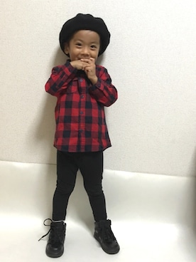 「H&M（エイチ・アンド・エム）のアイテム（ハンチング/ベレー帽）」を使った、ruisboyさん（キッズ・90cm）の秋コーディネート