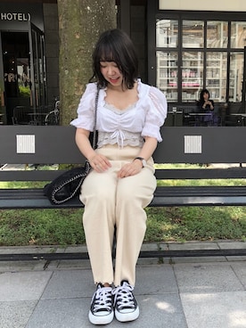 「リブニットパンツ」｜ろ ん 。さん（レディース・150cm）の夏コーディネート