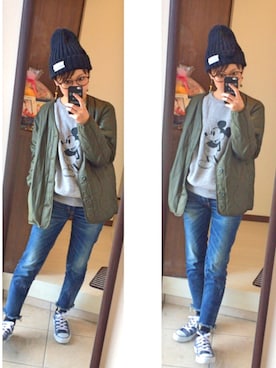 「Ungrid（アングリッド）のインディゴフレイドヘムストスリ（デニムパンツ）」を使った、mi-ta◡̈✩さん（レディース・158cm）の冬コーディネート