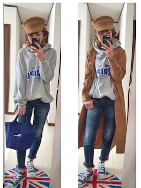 「Ungrid（アングリッド）のインディゴフレイドヘムストスリ（デニムパンツ）」を使った、mi-ta◡̈✩さん（レディース・158cm）の冬コーディネート