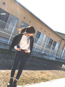 「NICE CLAUP（ナイスクラップ）のアイテム（ライダースジャケット）」を使った、ぬ。さん（レディース・159cm）の秋コーディネート
