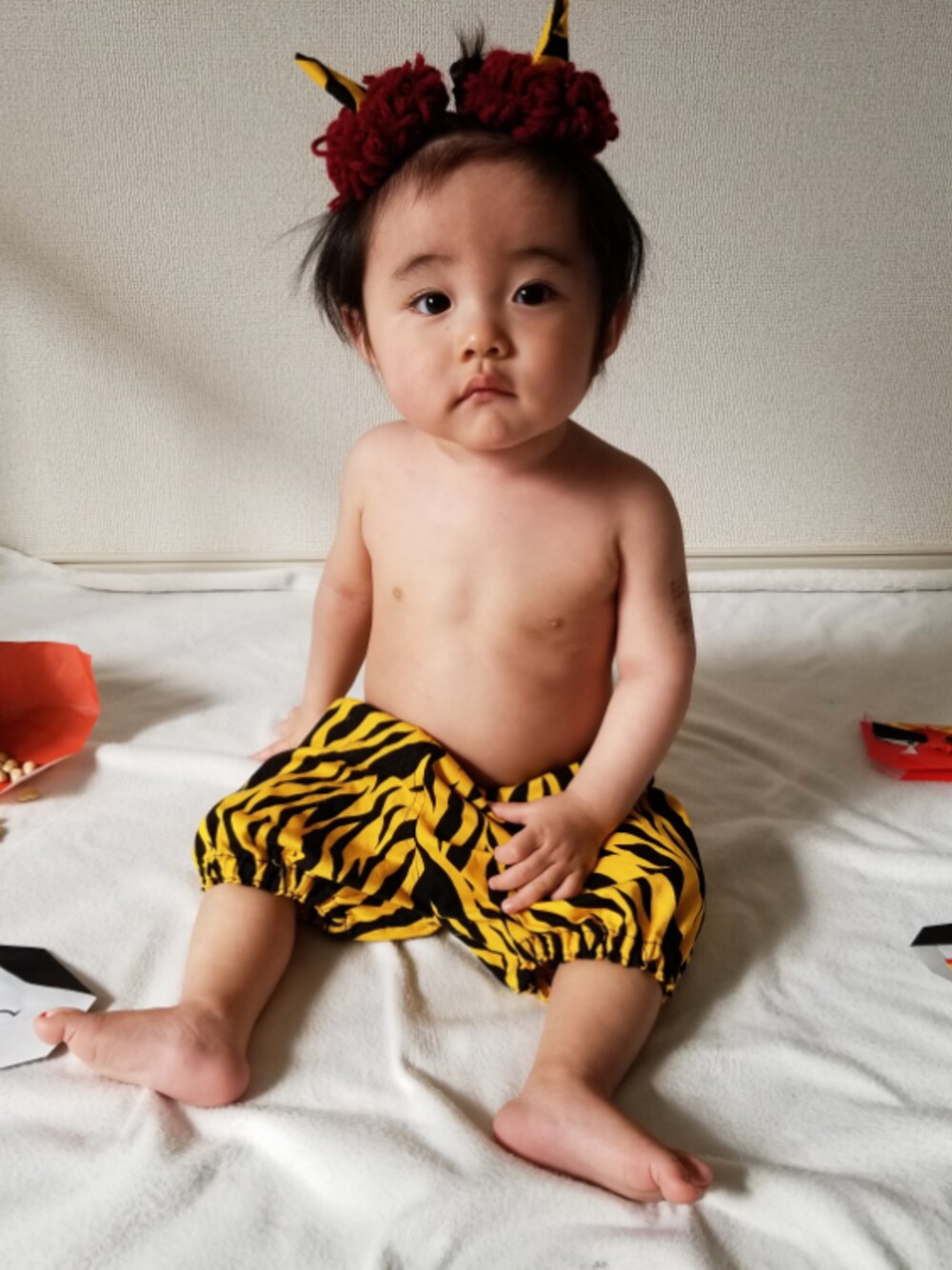 「節分、ハンドメイド、０歳、かわいい、カワイイ系男子、おしゃれさんと繋がりたい」｜「Handmadeのアイテム（パンツ、イエロー系）」を使った、rit___o_さん（キッズ・70cm）の冬コーディネートの1枚目の写真