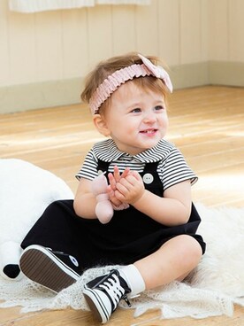 「アイテム（ロンパース、ブラック系）」を使った、BEBE ONLINE STOREさん（キッズ・73cm）の春コーディネート