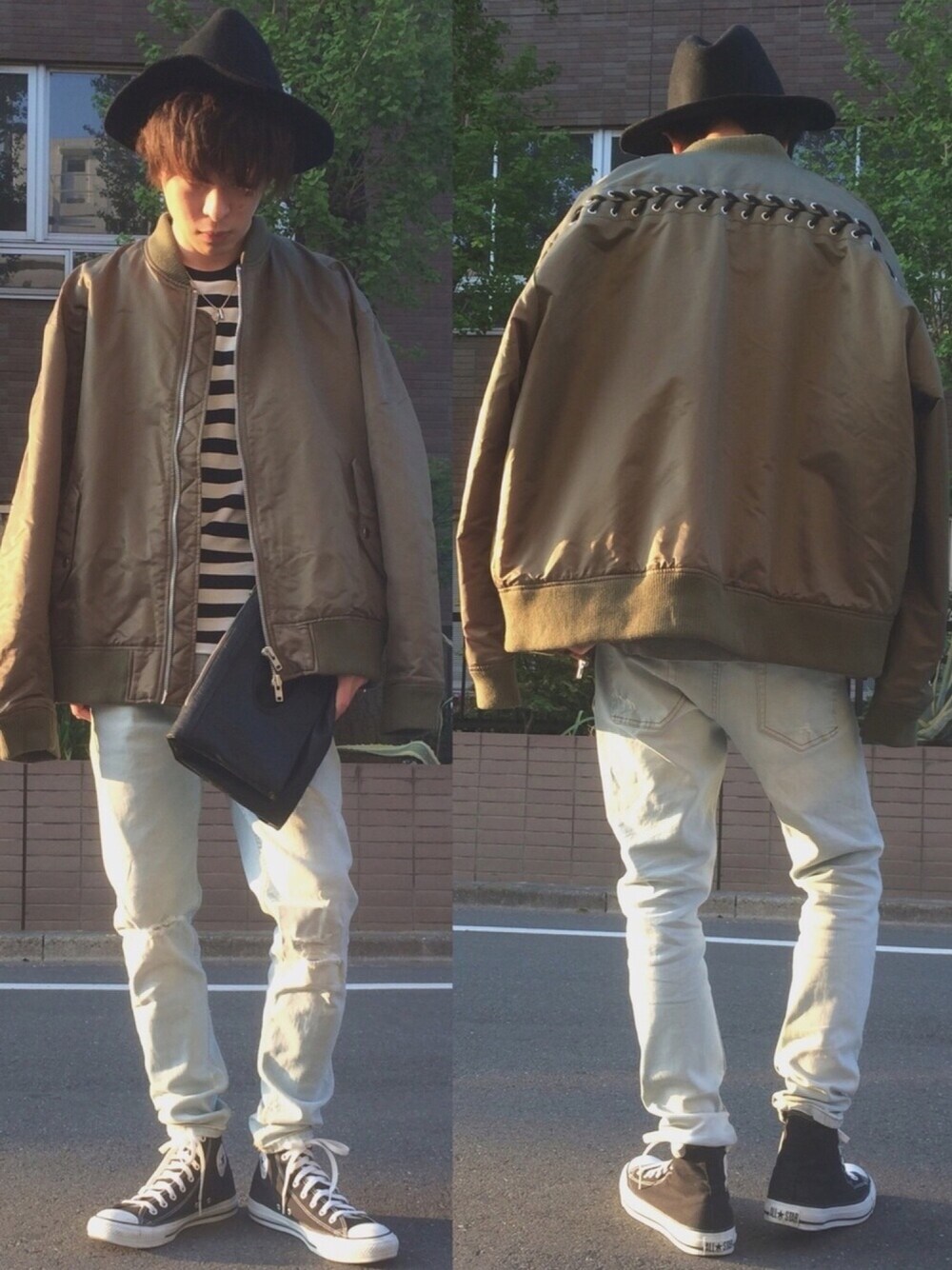 「春、シンプル、ボーダー、LEGENDA、MA-1、ハット、カーキ、ジーンズ、コンバース、クラッチバッグ」｜「LEGENDAのOVER SIZED LACE UP ボンバージャケット(MA-1)（MA-1、グリーン系）」を使った、yuukiさん（メンズ・173cm）の春コーディネートの1枚目の写真