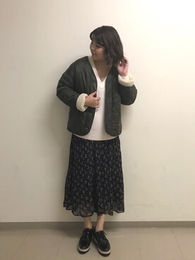 azusa1201__さんの「シフォン花柄プリーツロングスカート」を使ったコーディネート