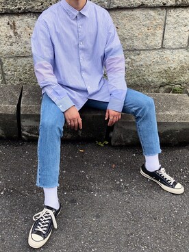 「JW ANDERSON×UNIQLOのアイテム（シャツ/ブラウス、ブルー系）」を使った、keitoさん（メンズ・176cm）の春コーディネート