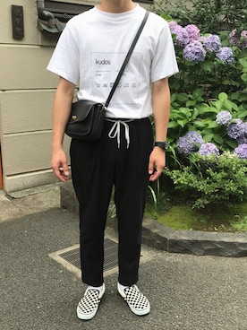 「kudos（クードス）のアイテム（Tシャツ/カットソー、ホワイト系）」を使った、keitoさん（メンズ・176cm）の夏コーディネート