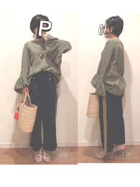 「ピスタチオ」｜「アイテム（チノパンツ）」を使った、ぽんちゃむさん（レディース・150cm）の春コーディネート