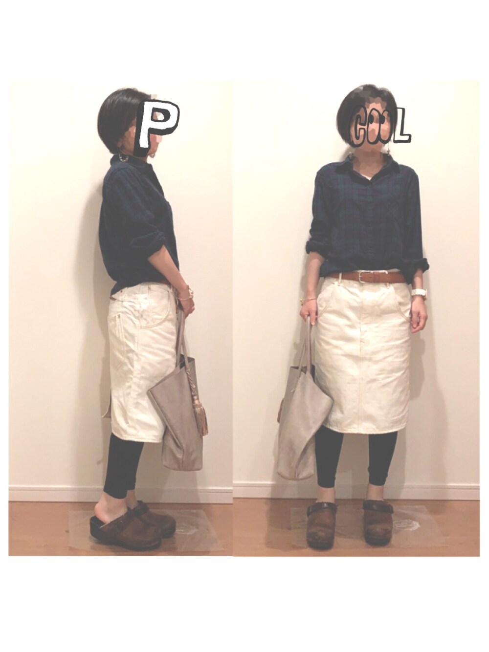 ブラウン系のサンダル、グレー系のトートバッグ、ホワイト系のデニムスカートを着用したレディースの春コーディネートの1枚目の写真