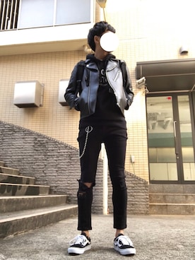 「オールドスクール」｜「アイテム（ライダースジャケット）」を使った、WDさん（メンズ・166cm）の春コーディネート