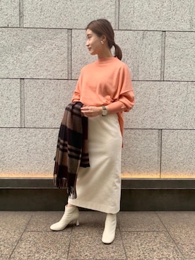 「Joshua Ellis（ジョシュアエリス）の一部別注＜Joshua Ellis（ジョシュア エリス）＞BLACKWATCH ストール†◆（ストール/ショール）」を使った、SAEKOさん（レディース・151cm）の秋コーディネート