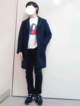 「MAISON KITSUNE」｜「アイテム（チェスターコート）」を使った、くっちーさん（メンズ・166cm）の冬コーディネート