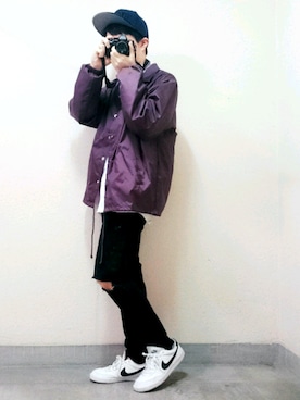 「アイテム（カバーオール、レッド系）」を使った、くっちーさん（メンズ・166cm）の冬コーディネート